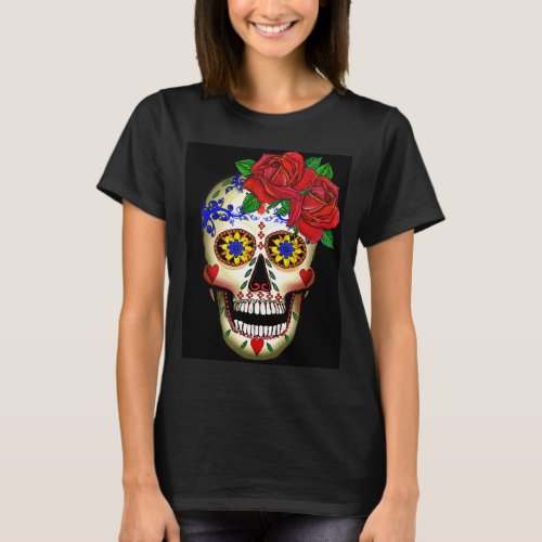 DAY OF THE DEAD SUGAR SKULL AND ROSES T_SHIRT