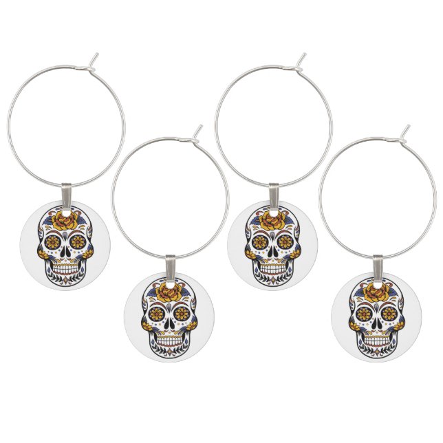 Day of the Dead Sugar Skull Art Wine Charm (Staggered)