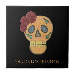 Day of the Dead Sugar Skull Black Gold Ceramic Tile