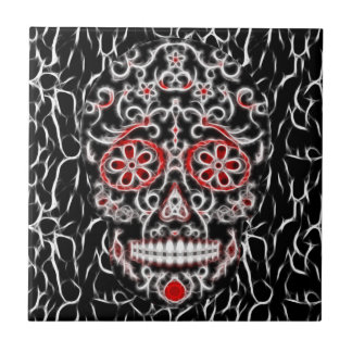 Day of the Dead Sugar Skull - Black, White & Red Ceramic Tile