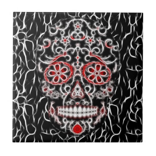 Day of the Dead Sugar Skull _ Black White  Red Ceramic Tile