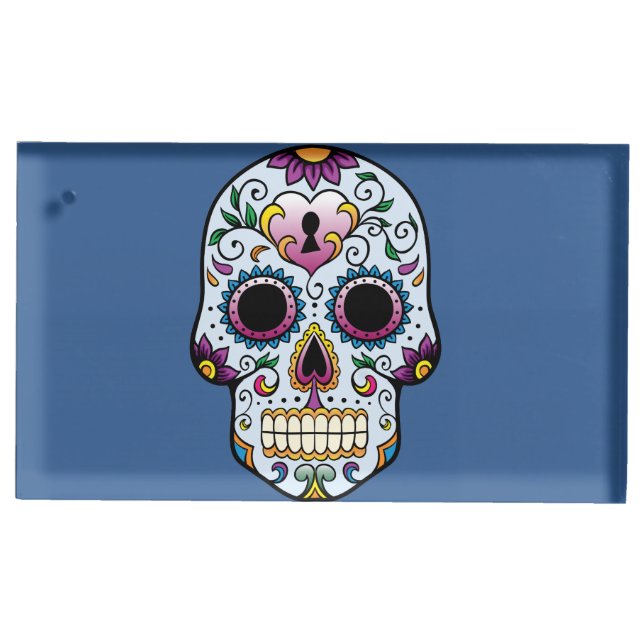 Day of the Dead Sugar Skull Blue Table Card Holder (Front)