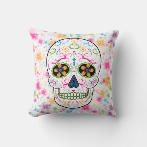 Day of the Dead Sugar Skull _ Bright Multi Color Throw Pillow
