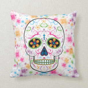 Day of the Dead Sugar Skull - Bright Multi Color Throw Pillow