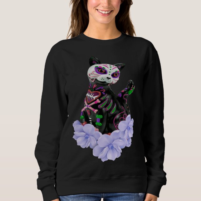 Day Of The Dead Sugar Skull Cat Purple Flowers Sweatshirt (Front)
