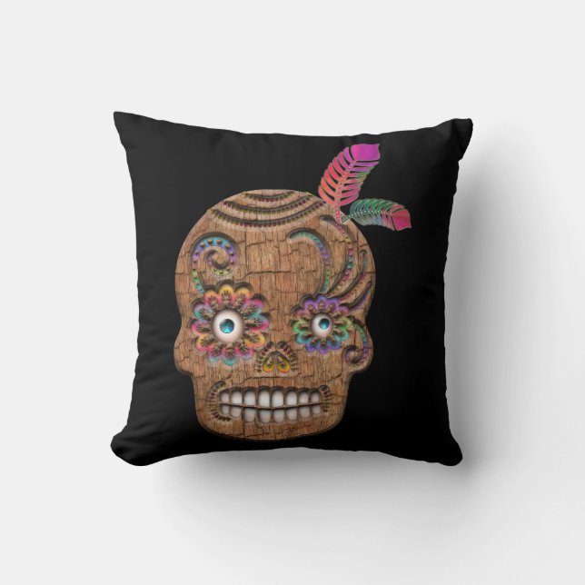 Day of the Dead Sugar Skull (Cedar) Throw Pillow (Front)
