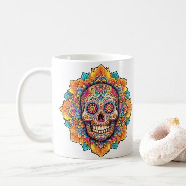 Day of the Dead Sugar Skull Coffee Mug (With Donut)