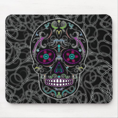 Day of the Dead Sugar Skull _ Colorfully Black Mouse Pad
