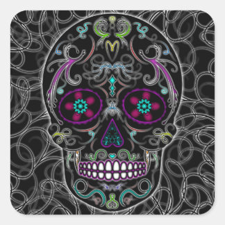Day of the Dead Sugar Skull - Colorfully Black Square Sticker