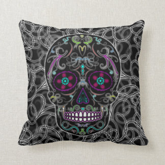 Day of the Dead Sugar Skull - Colorfully Black Throw Pillow