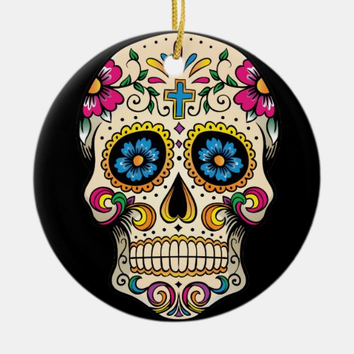 Day of the Dead Sugar Skull Cross Ornament Round