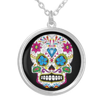 Day Of The Dead Sugar Skull Dia De Los Muertos Silver Plated Necklace by DigiGraphics4u at Zazzle