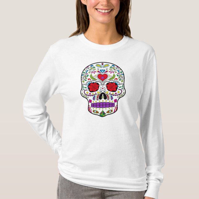 Day of the Dead Sugar Skull Dia de los Muertos T-Shirt (Front)