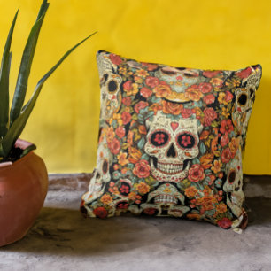 Day of the Dead Sugar Skull Floral Throw Pillow
