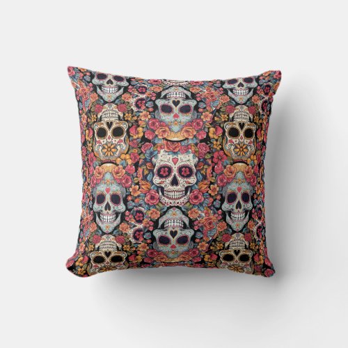 Day of the Dead Sugar Skull Floral Throw Pillow