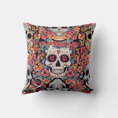 Day of the Dead Sugar Skull Floral Throw Pillow