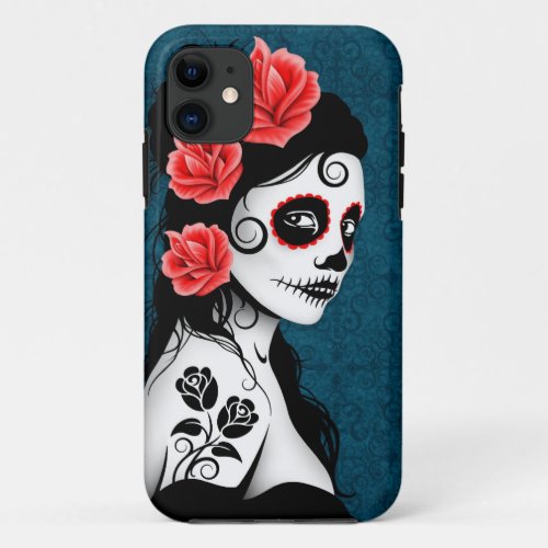 Day of the Dead Sugar Skull Girl _ blue iPhone 11 Case