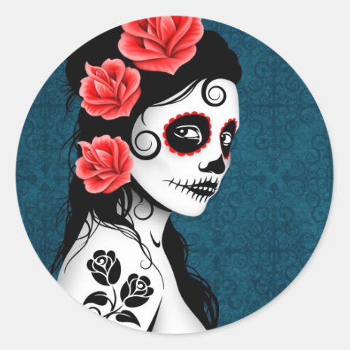 Day of the Dead Sugar Skull Girl _ blue Classic Round Sticker