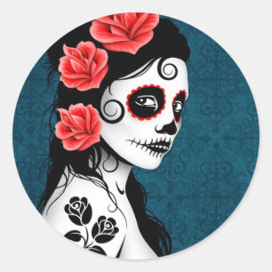 Day of the Dead Sugar Skull Girl - blue Classic Round Sticker