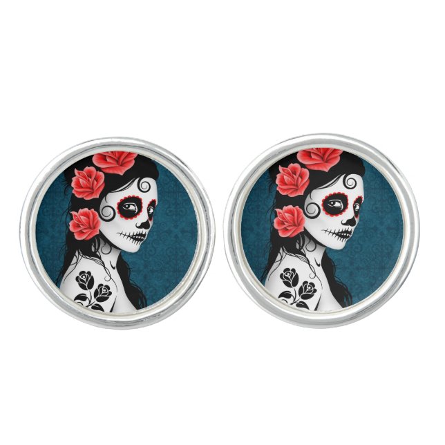 Day of the Dead Sugar Skull Girl Blue Cufflinks (Front)