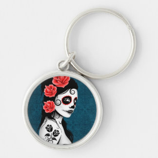 Day of the Dead Sugar Skull Girl - blue Keychain