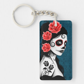 Day of the Dead Sugar Skull Girl - blue Keychain