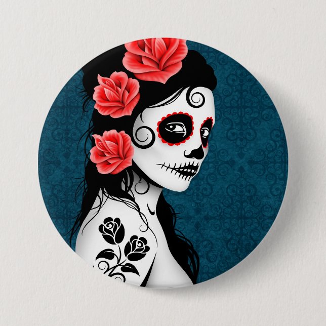 Day of the Dead Sugar Skull Girl - blue Pinback Button (Front)