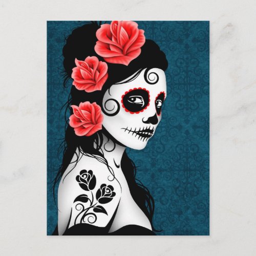 Day of the Dead Sugar Skull Girl _ Blue Postcard