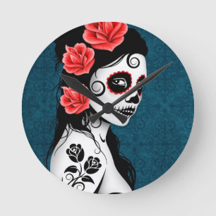 Day of the Dead Sugar Skull Girl - blue Round Clock