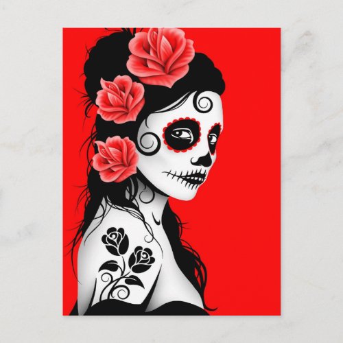 Day of the Dead Sugar Skull Girl _ Bright Red Postcard