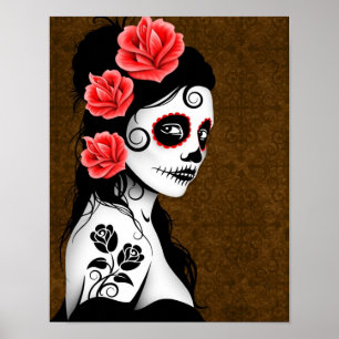 Day of the Dead Sugar Skull Girl - Brown Poster