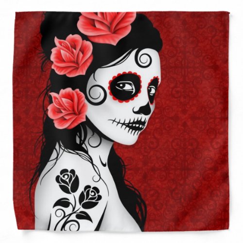 Day of the Dead Sugar Skull Girl  Deep Red Bandana