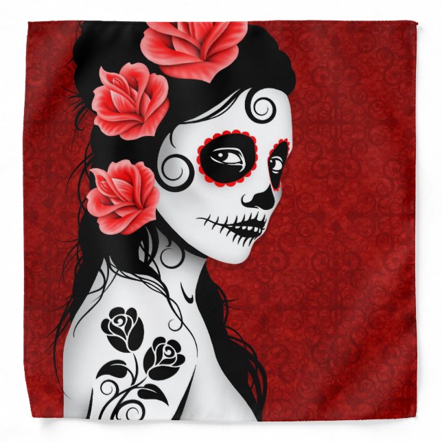 Day of the Dead Sugar Skull Girl – Deep Red Bandana (Front)