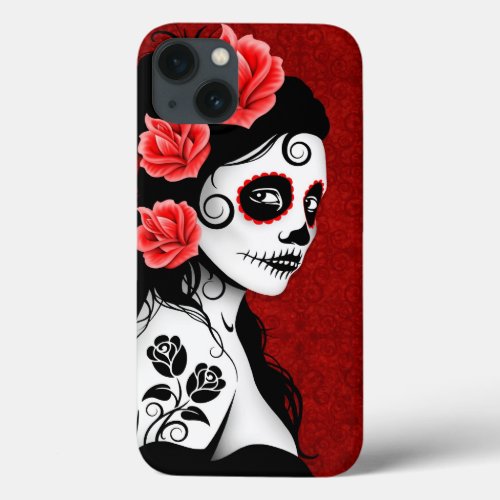 Day of the Dead Sugar Skull Girl  Deep Red iPhone 13 Case