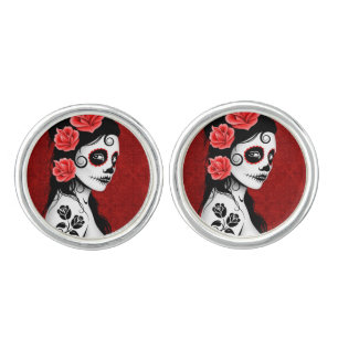 Day of the Dead Sugar Skull Girl Deep Red Cufflinks
