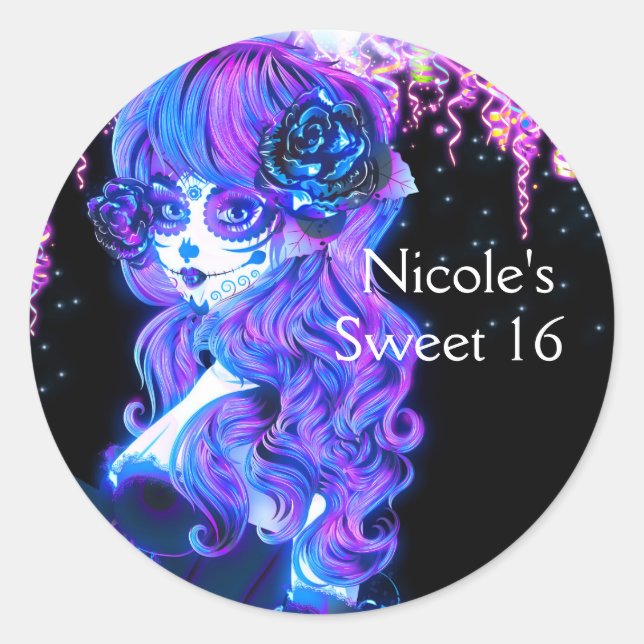 Day of the Dead Sugar Skull Girl Glow Neon Party Classic Round Sticker (Front)