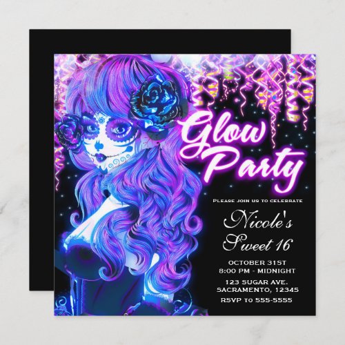 Day of the Dead Sugar Skull Girl Glow Neon Party Invitation