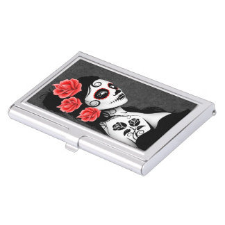 Day of the Dead Sugar Skull Girl - Gray Business Card Case