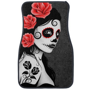 Day of the Dead Sugar Skull Girl Gray Car Floor Mat