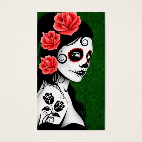 Day of the Dead Sugar Skull Girl - green Business Card Template