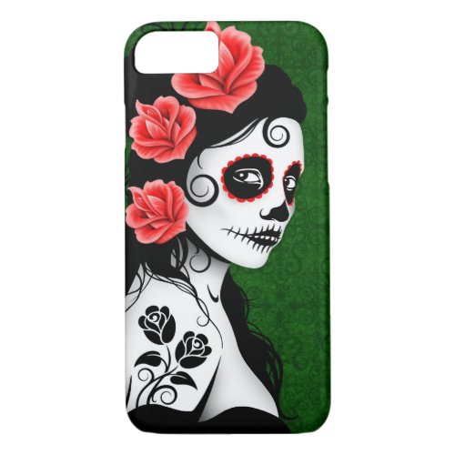 Day of the Dead Sugar Skull Girl  Green iPhone 87 Case