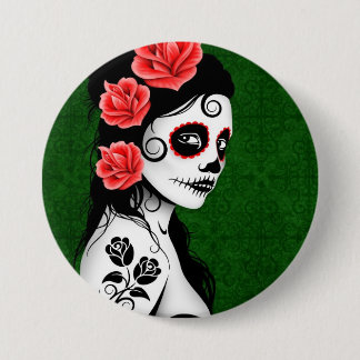 Day of the Dead Sugar Skull Girl - green Pinback Button