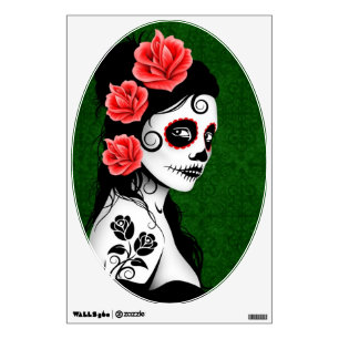 Day of the Dead Sugar Skull Girl - green Wall Sticker