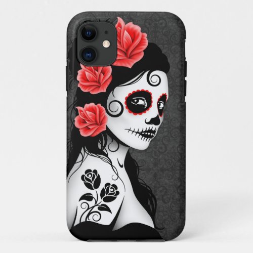 Day of the Dead Sugar Skull Girl _ grey iPhone 11 Case