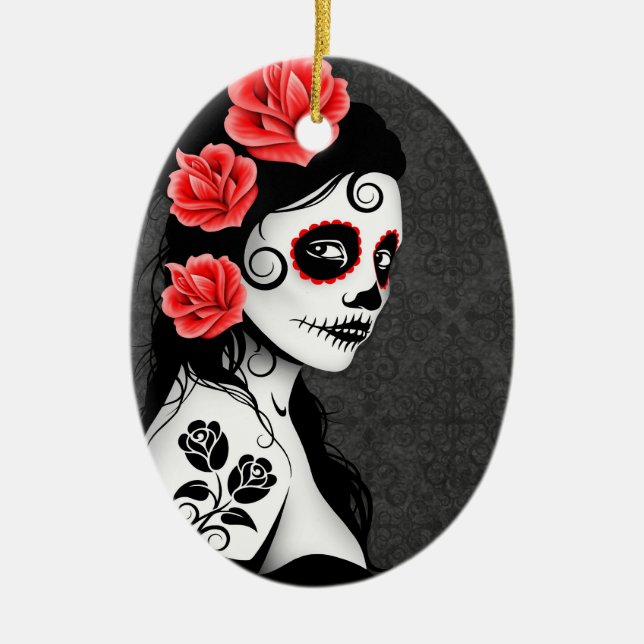 Day of the Dead Sugar Skull Girl - grey Ceramic Ornament (Front)