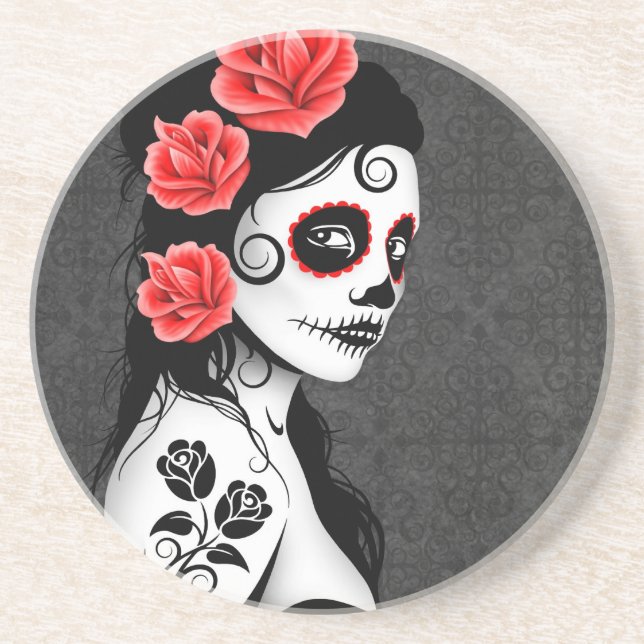 Day of the Dead Sugar Skull Girl - grey Drink Coaster (Front)