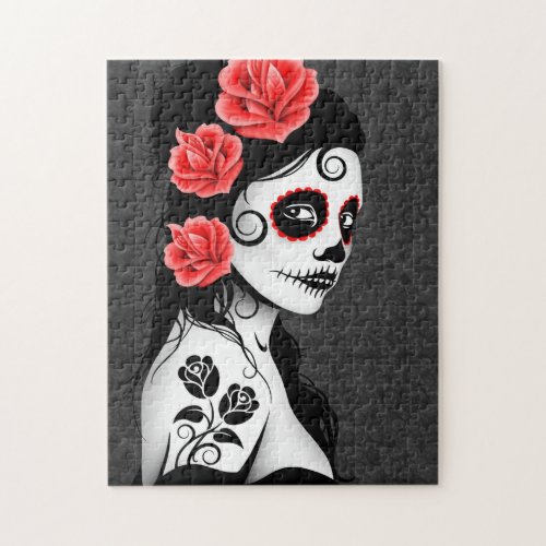 Day of the Dead Sugar Skull Girl _ grey Jigsaw Puzzle