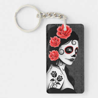 Day of the Dead Sugar Skull Girl - grey Keychain