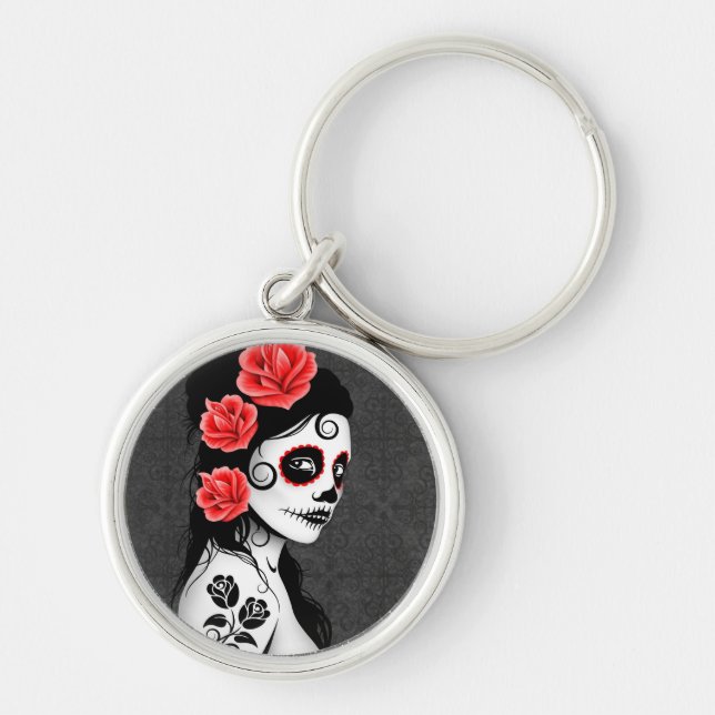 Day of the Dead Sugar Skull Girl - grey Keychain (Front)