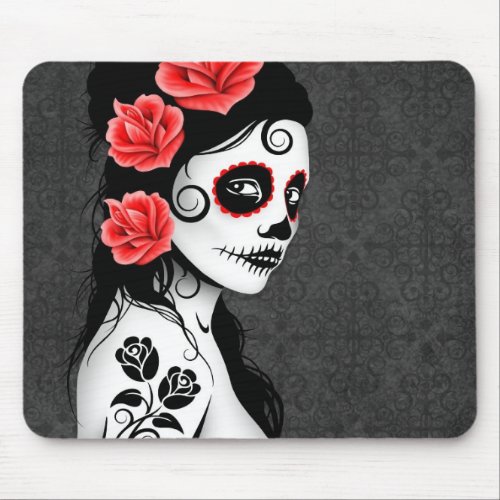 Day of the Dead Sugar Skull Girl _ grey Mouse Pad